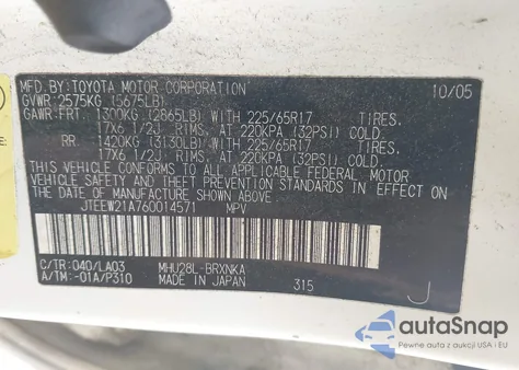 2006 Toyota Highlander Hybrid Limited V6 z USA, uszkodzony, nr VIN JTEEW21A760014571